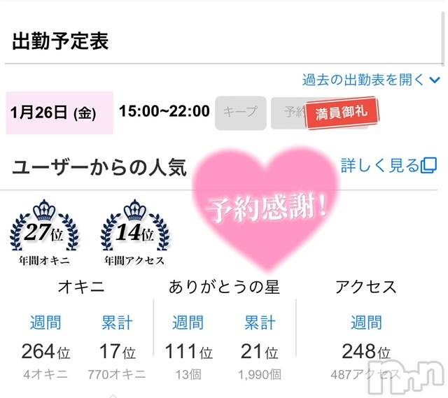 新潟手コキCherish Amulet(チェリッシュ アミュレット)のあ★(21)の2024年1月26日写メブログ「 事前ご予約【満員】ありがとう♡♡♡」