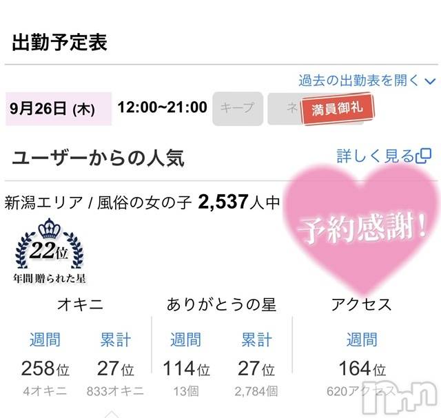 新潟手コキCherish Amulet(チェリッシュ アミュレット)のあ★(21)の2024年9月26日写メブログ「本日デートコースで満員です♡！！」
