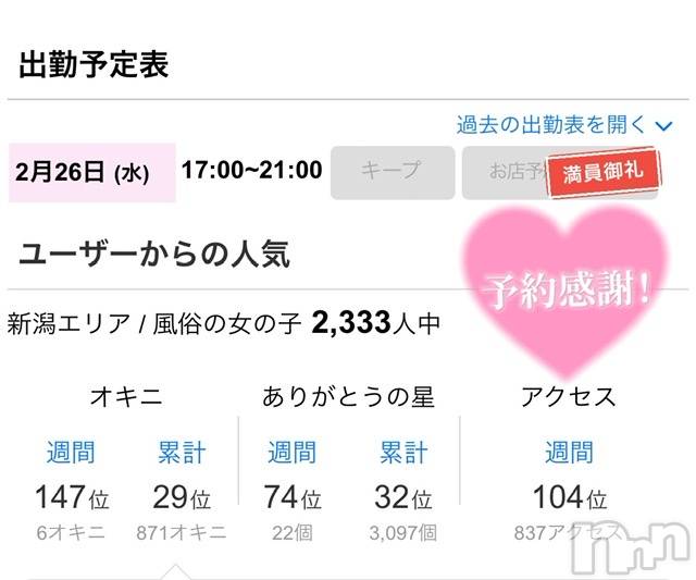 新潟手コキCherish Amulet(チェリッシュ アミュレット)のあ★(21)の2025年2月26日写メブログ「本日【満員】です♡ ♡ ♡」