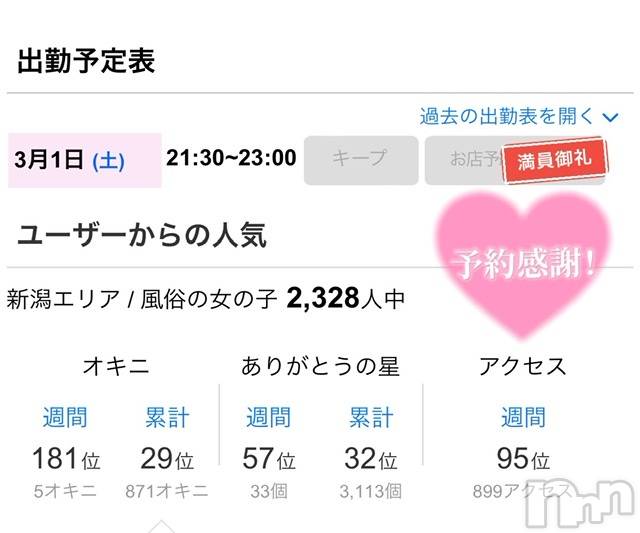 新潟手コキCherish Amulet(チェリッシュ アミュレット)のあ★(21)の2025年3月1日写メブログ「本日埋まってます🈵♡ ♡ ♡」
