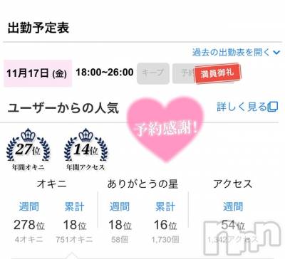 新潟手コキ Cherish Amulet(チェリッシュ アミュレット) のあ★(21)の11月17日写メブログ「本日【満員】です♡！！」