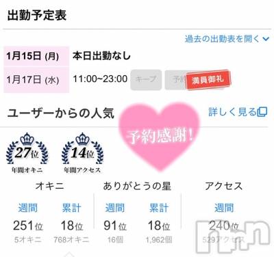 新潟手コキ Cherish Amulet(チェリッシュ アミュレット) のあ★(21)の1月15日写メブログ「事前ご予約【満員】ありがとう♡♡♡」