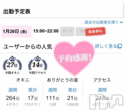 新潟手コキ Cherish Amulet(チェリッシュ アミュレット) のあ★(21)の1月26日写メブログ「 事前ご予約【満員】ありがとう♡♡♡」