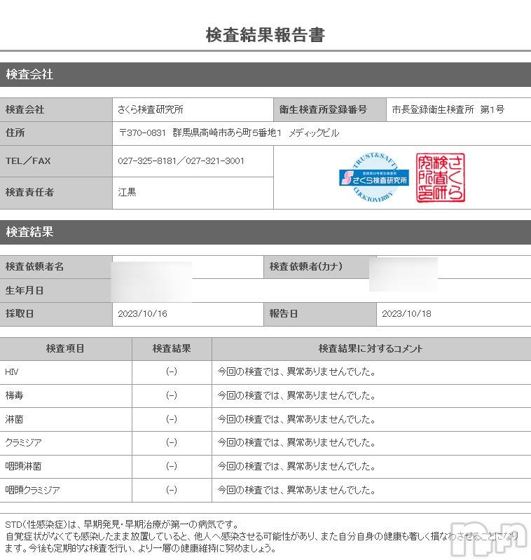 新潟デリヘルA(エース) かんな(R)(39)の10月18日写メブログ「性病検査異常なしです👌💓」