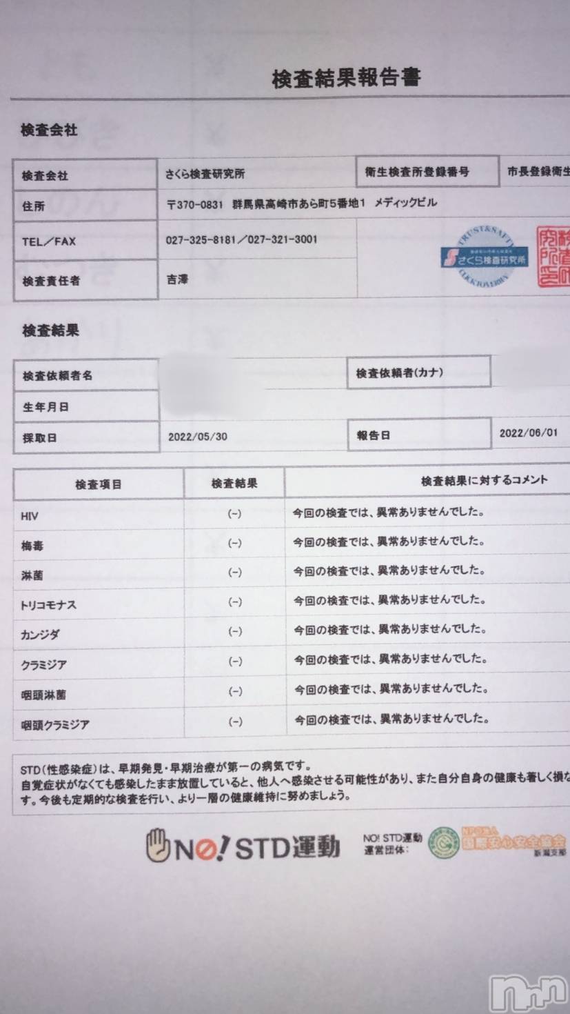 新潟デリヘルA(エース)かんな(R)(39)の2022年6月1日写メブログ「性病検査異常なしです👌💓」