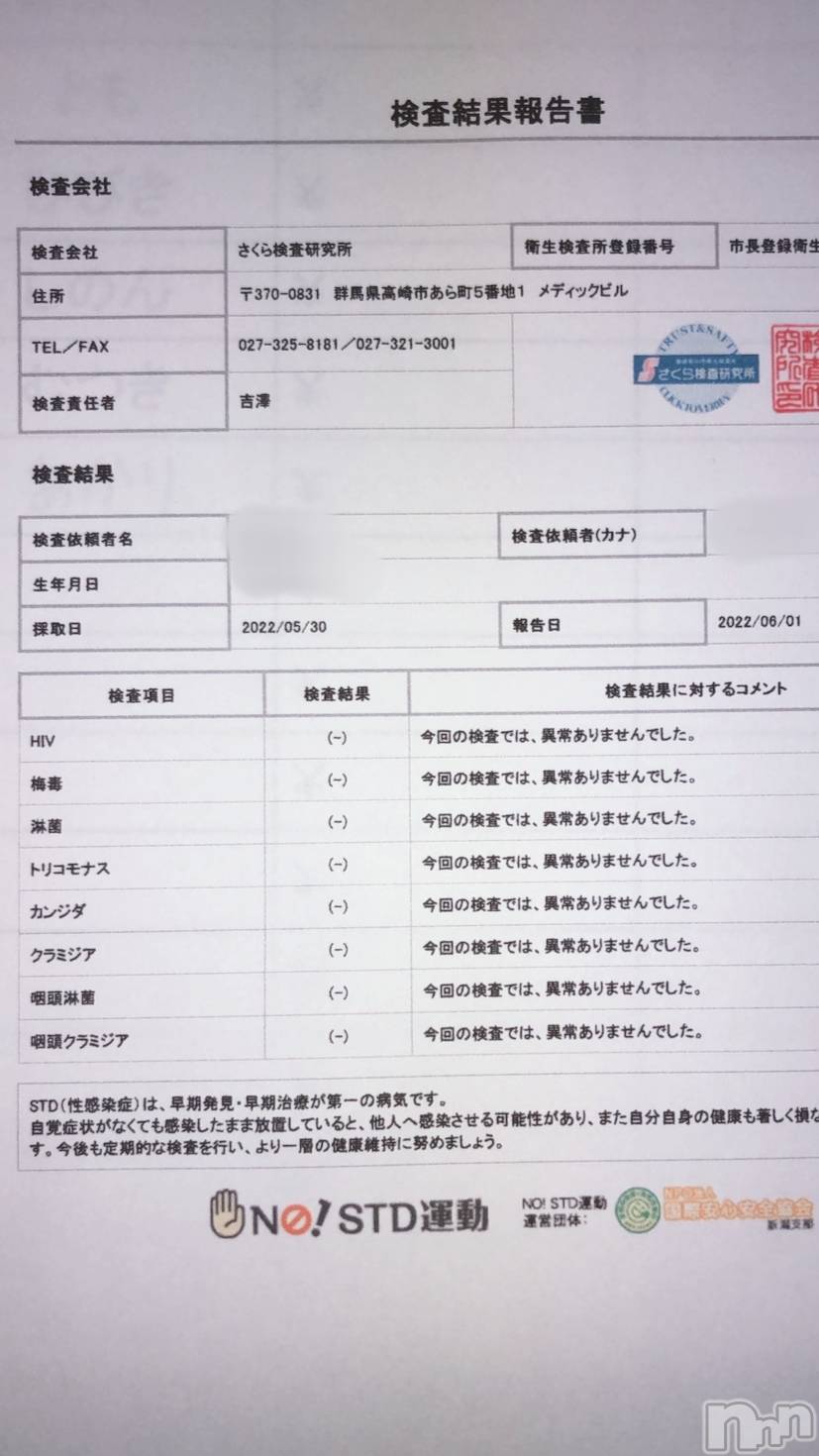 新潟デリヘルA(エース)かんな(R)(37)の2022年6月1日写メブログ「性病検査異常なしです👌💓」