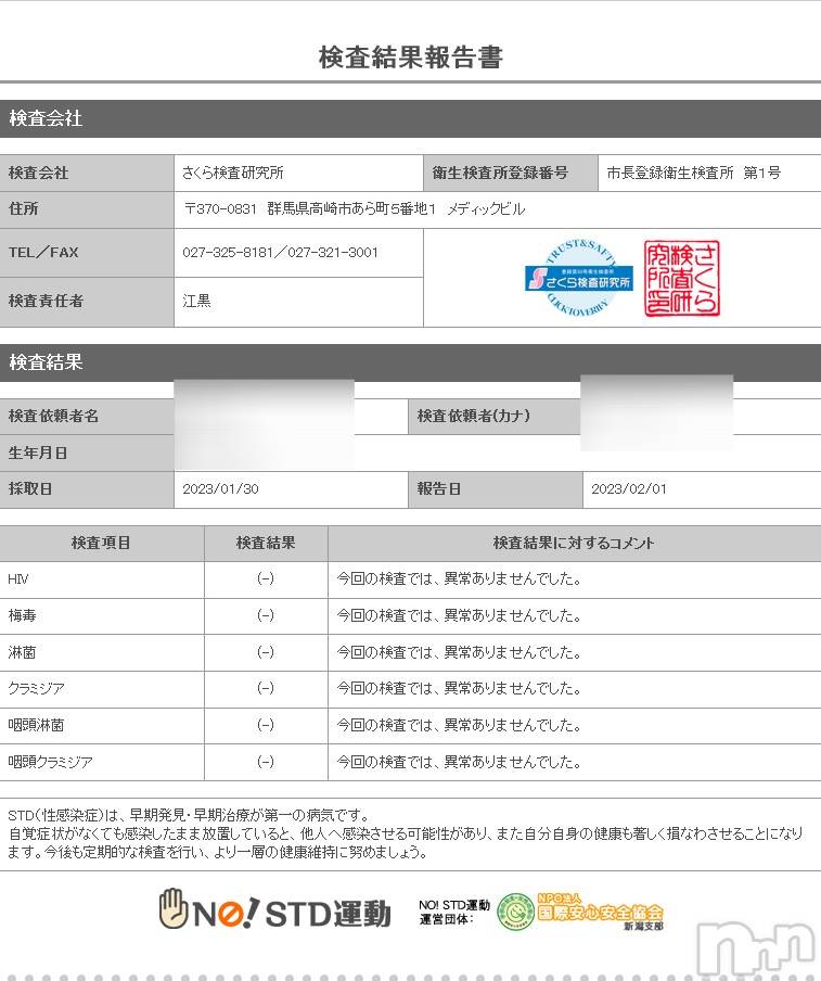 新潟デリヘルA(エース)かんな(R)(37)の2023年2月1日写メブログ「性病検査異常なしです👌💓」