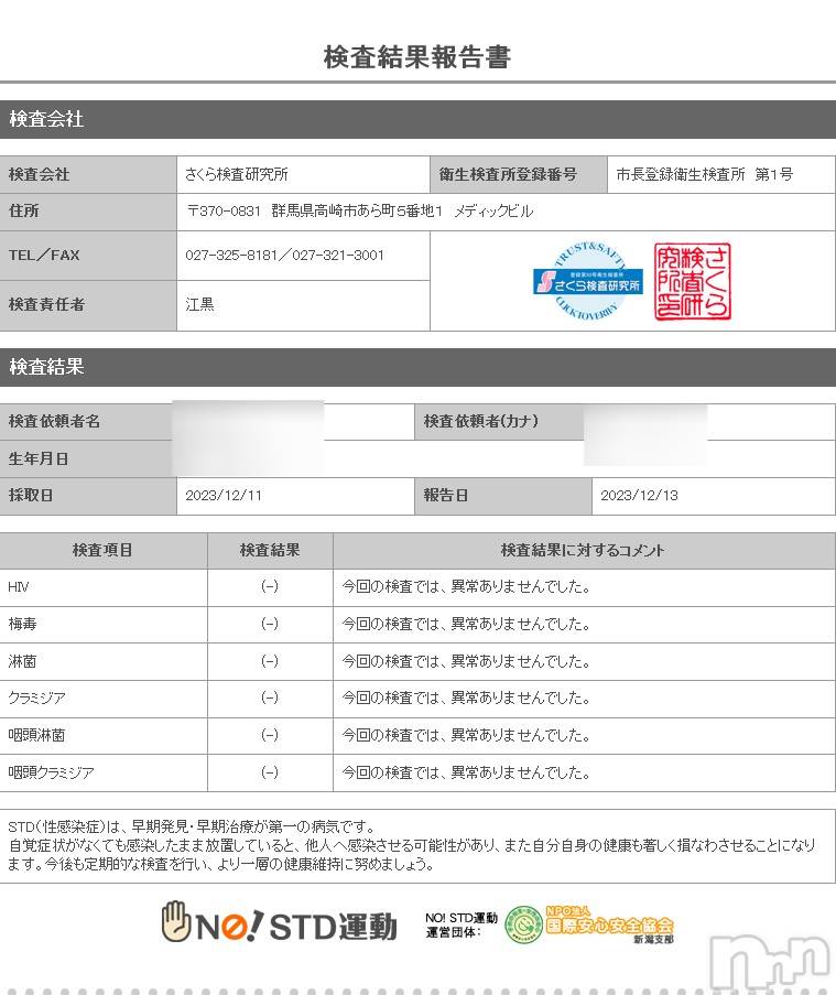 新潟デリヘルA(エース)かんな(R)(37)の2023年12月13日写メブログ「性病検査異常なしです👌💓」