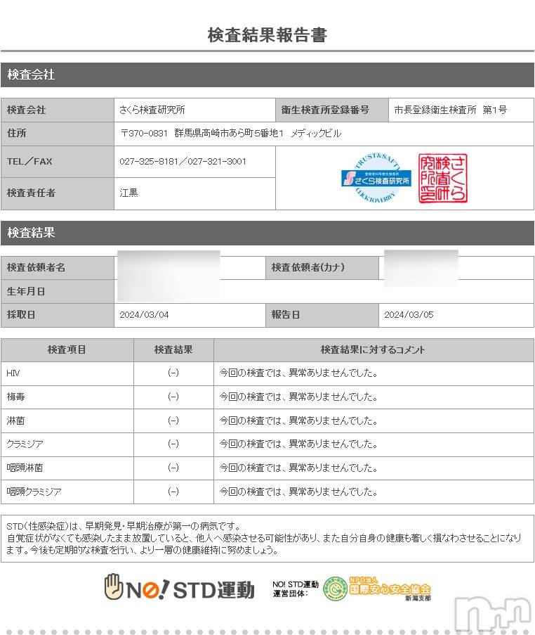 新潟デリヘルA(エース)かんな(R)(39)の2024年3月6日写メブログ「性病検査異常なしです👌💓」