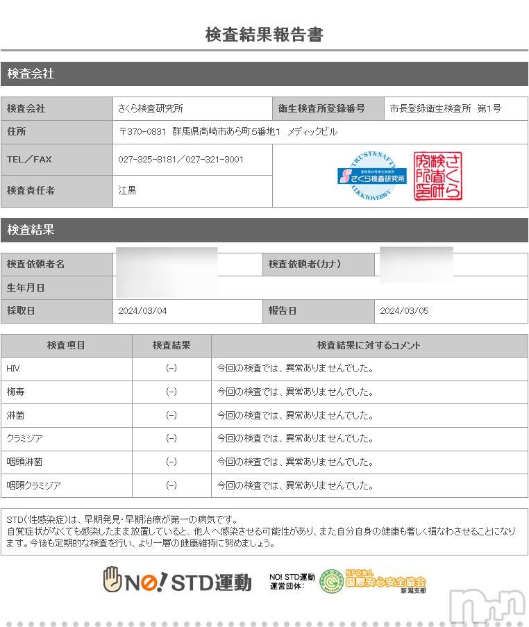 新潟デリヘルA(エース)かんな(R)(37)の2024年3月6日写メブログ「性病検査異常なしです👌💓」