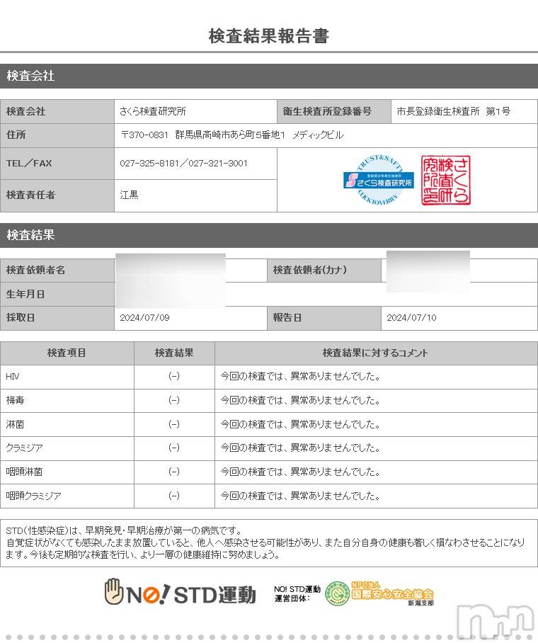 新潟デリヘルA(エース)かんな(R)(39)の2024年7月11日写メブログ「性病検査異常なしです👌💓」