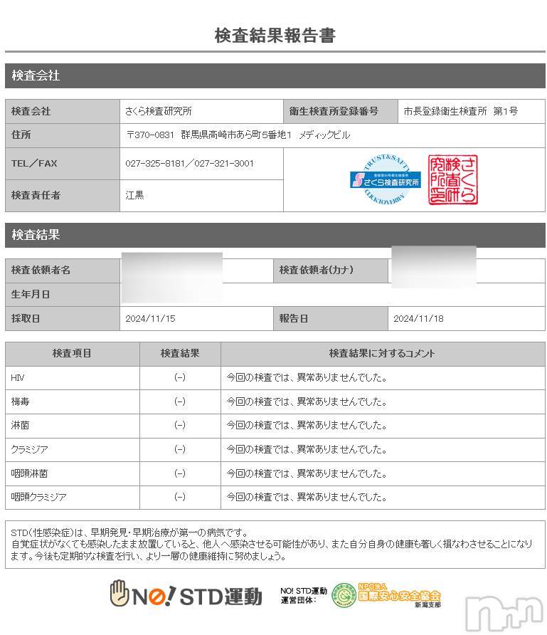 新潟デリヘルA(エース)かんな(R)(39)の2024年11月19日写メブログ「性病検査異常なしです👌💓」