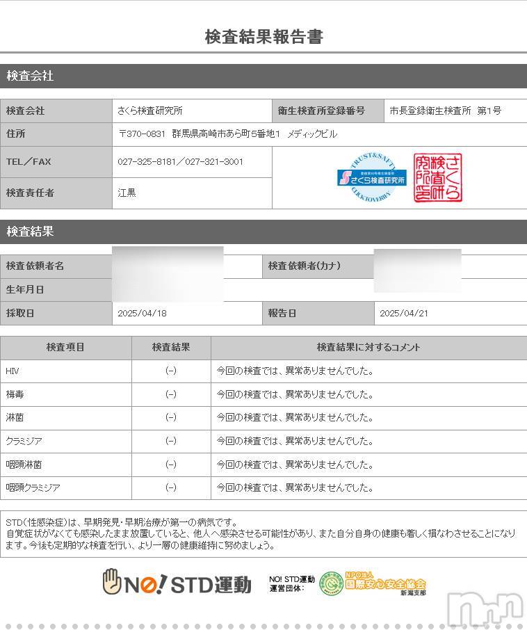 新潟デリヘルA(エース)かんな(R)(39)の2025年4月21日写メブログ「性病検査異常なし👌💓」