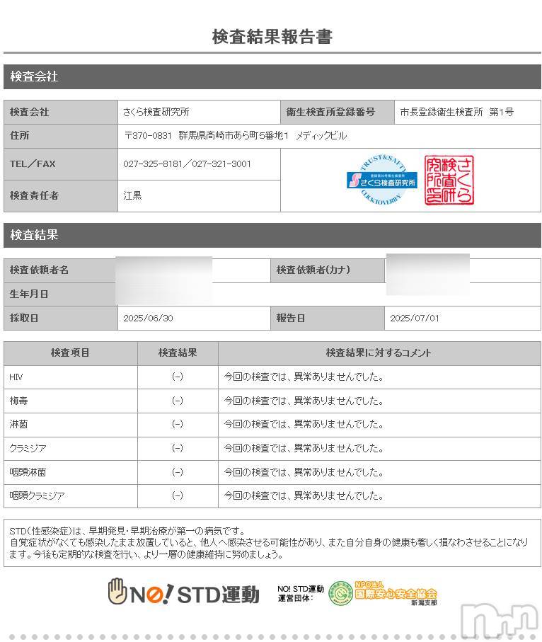 新潟デリヘルA(エース)かんな(R)(39)の2025年7月2日写メブログ「性病検査異常なしです👌💓」