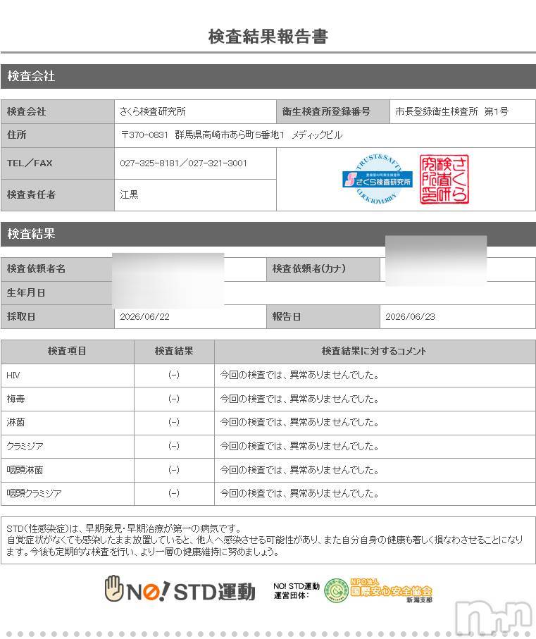 新潟デリヘルA(エース)かんな(40)の2026年6月23日写メブログ「性病検査異常なし👌💓」