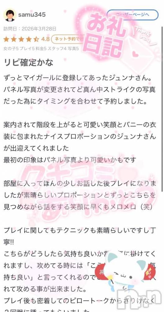 新潟ソープ新潟バニーコレクション(ニイガタバニーコレクション) ジュンナ(22)の5月15日写メブログ「samu345さん🏝️」