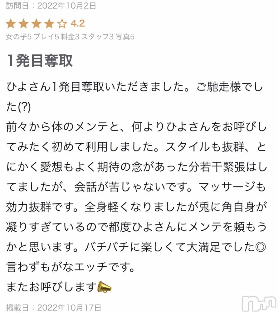新潟風俗エステ癒々・匠(ユユ・タクミ) ひよ(24)の10月17日写メブログ「愛想、スタイル抜群」