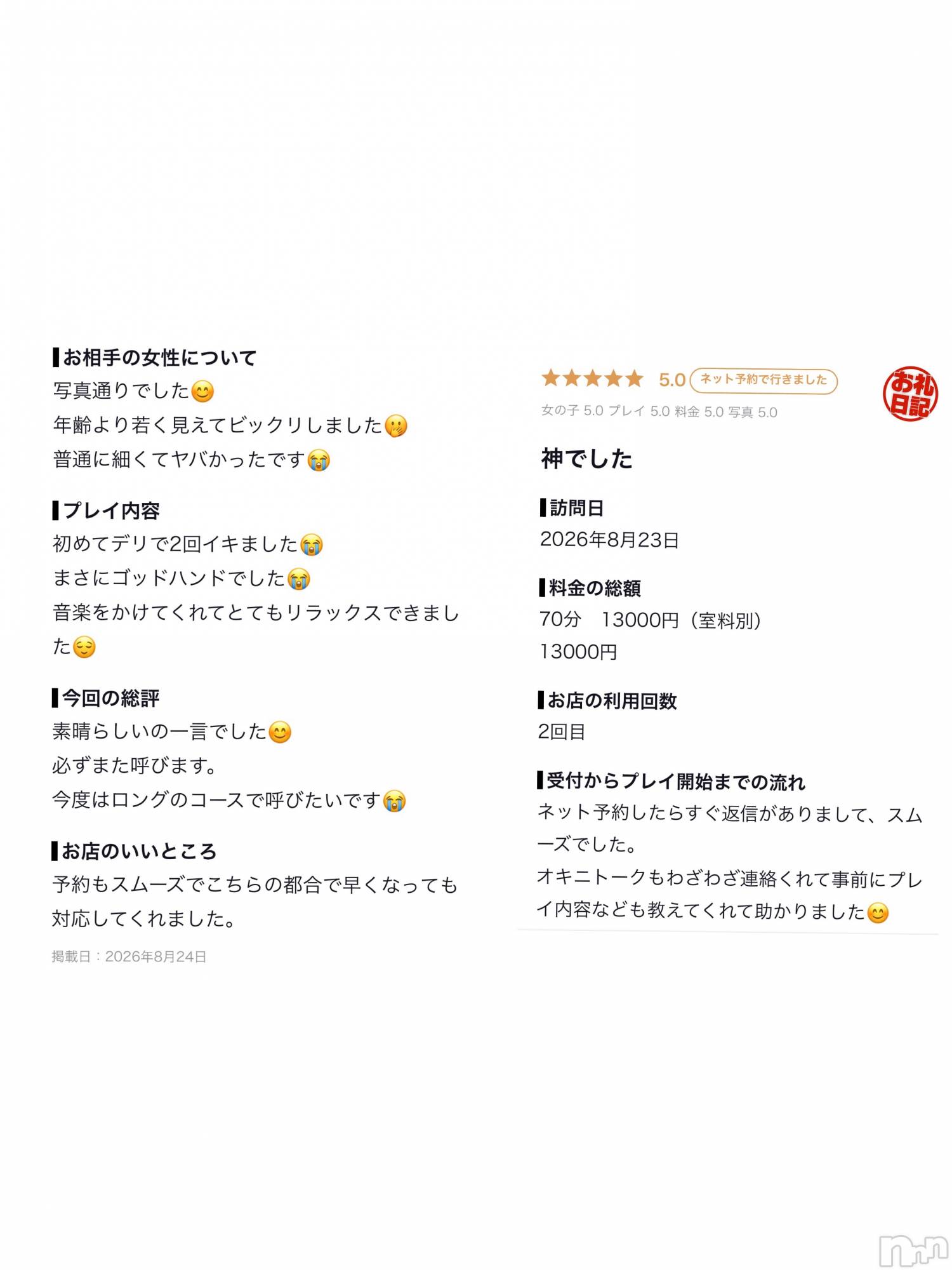 新潟デリヘル新潟人妻　2nd Wife(セカンドワイフ)あんじゅ奥様(46)の2026年8月24日写メブログ「口コミありがとー🩷」