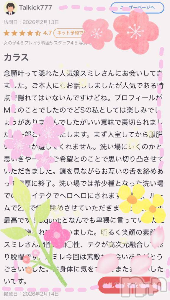 新潟ソープ新潟バニーコレクション(ニイガタバニーコレクション)スミレ(23)の2026年4月3日写メブログ「Taikick777さんへ【口コミお礼५✍️日記】🐰⁺ ˖ ࣪」