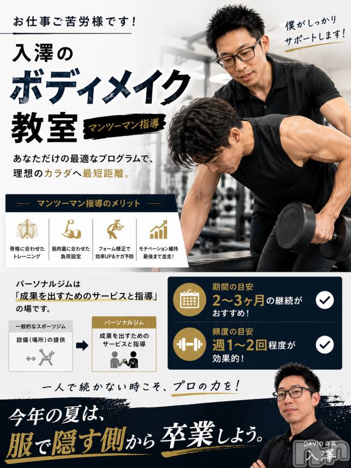 長岡メンズエステ(メンズケア ダヴィデ)の2026年5月22日お店速報「【DAVID】入澤のボディメイク教室承っております💪」