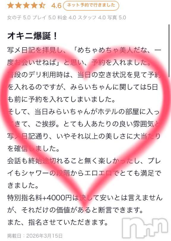 長岡デリヘルROOKIE(ルーキー)みらい☆プラチナ(22)の2026年3月15日写メブログ「嬉しすぎる口コミ💖」