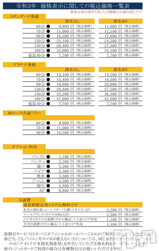 長野人妻デリヘル(ツマミグイ)の2021年4月1日お店速報「 令和3年4月の税込価格表示にともなう価格一覧  」