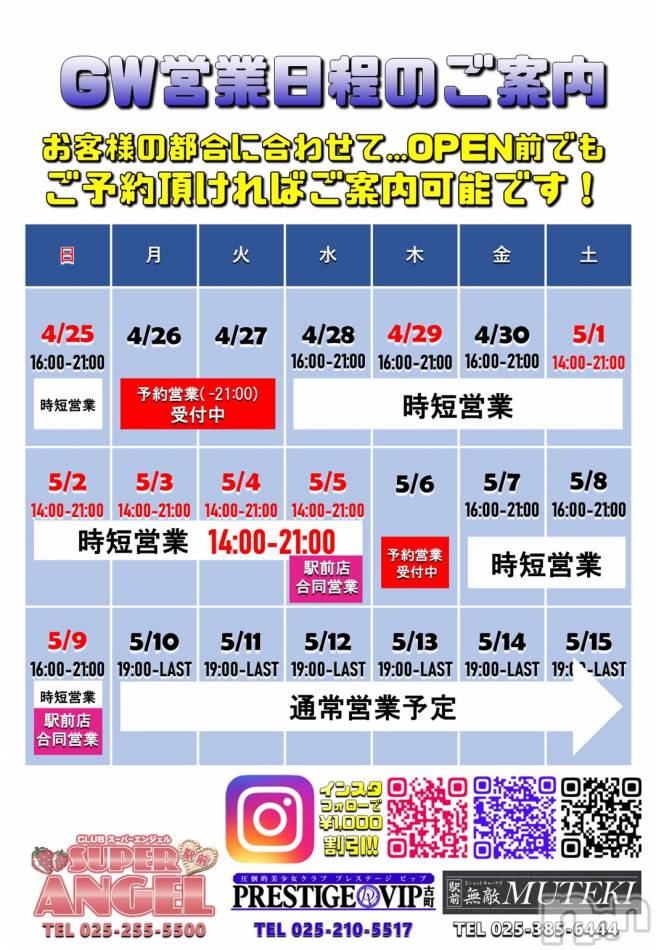 新潟おっパブ(スーパーエンジェル)の2021年5月5日お店速報「5月5日 13時34分のお店速報」